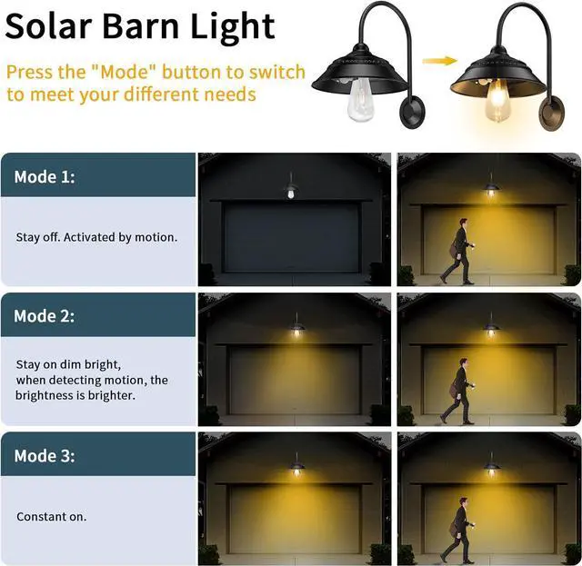 Alt view image 2 of 7 - 2 Pack Solar Barn Light, Solar Wall Sconce Light Outdoor with 3 Lighting Modes & Motion Sensor, Waterproof Farmhouse Light Outdoor for Chicken Coop Garage Shed