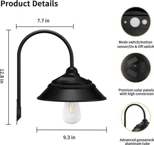 Alt view image 3 of 7 - 2 Pack Solar Barn Light, Solar Wall Sconce Light Outdoor with 3 Lighting Modes & Motion Sensor, Waterproof Farmhouse Light Outdoor for Chicken Coop Garage Shed