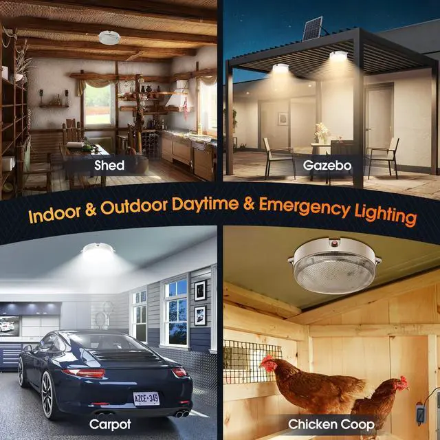 Alt view image 4 of 7 - Solar Shed Lights Indoor Outdoor 2 Pack, Brighter & Tricolor & Daytime Ceiling Light with ON/Off Switch & Remote, Dimm Waterproof Solar Barn Light for Porch, Shop, St, Carpot