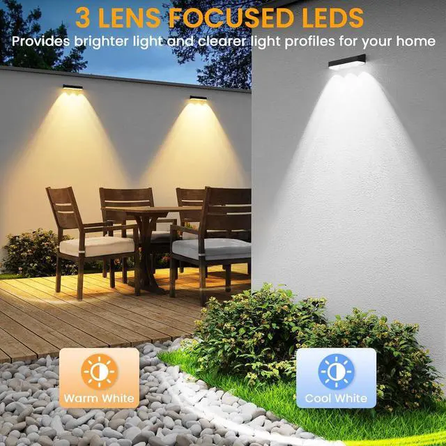 Alt view image 2 of 7 - Outdoor Wall Lights,Solar Lights Outdoor Waterproof IP65 Warm/Cool White + RGB Color Changing Solar Wall Lights for Wall,Patio,Backyard,Railing Deck,Porchaily&Holiday Decorations (12)