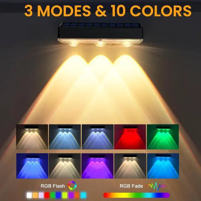Alt view image 4 of 7 - Outdoor Wall Lights,Solar Lights Outdoor Waterproof IP65 Warm/Cool White + RGB Color Changing Solar Wall Lights for Wall,Patio,Backyard,Railing Deck,Porchaily&Holiday Decorations (12)