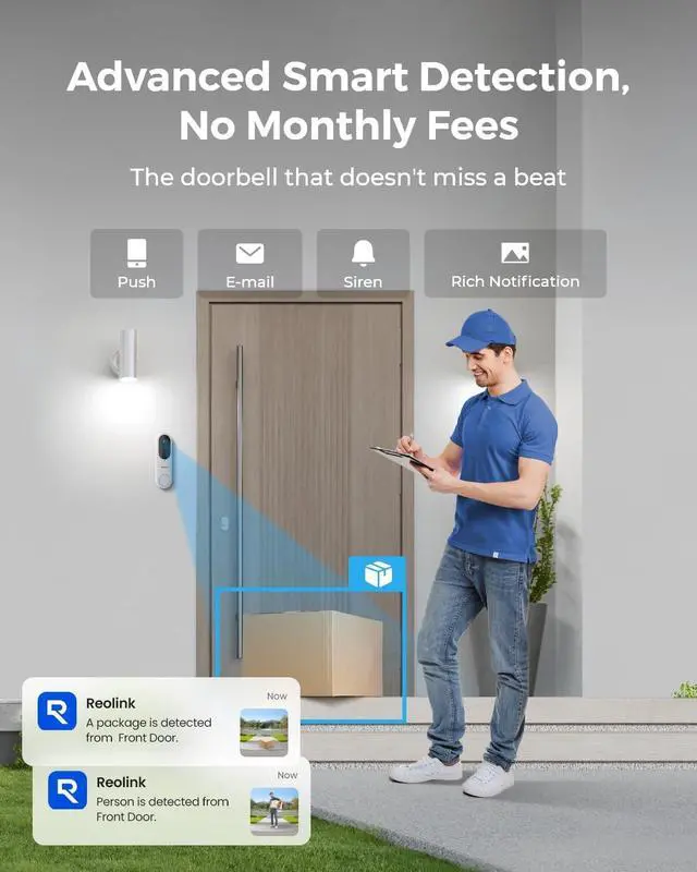 Alt view image 4 of 7 - Wireless Video Doorbell Camera, Battery Version, 2K 150°x150° Head-to-Toe View, 2.4/5 GHz Dual-Band WiFi, Person/Vehicle/Package Detection, Two-Way Talk, No Monthly Fees (Chime not Included)