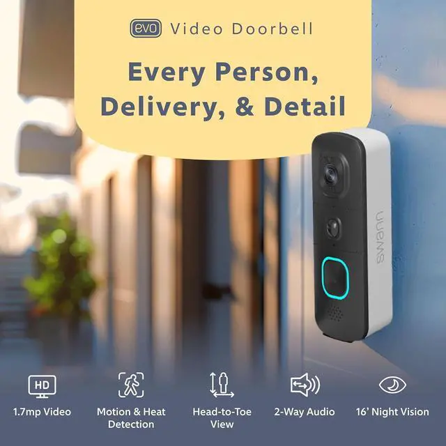 Alt view image 2 of 7 - EVO Video Doorbell: HD Video, Wired or Wire-Free, 140° Head-to-Toe View, Advanced Person/Sound/Motion Detection, Live View, Night Vision, 2-Way Talk, Local/Cloud Storage, Weatherproof, w/Chime.