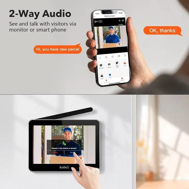 Alt view image 4 of 7 - Wireless Sm Video Doorbell Intercom System, WiFi 1080P Video Doorbell Camera with Monitor, Video Door Phone with 7''Touch Screen, Motion Detection, No Subscription, APP Control
