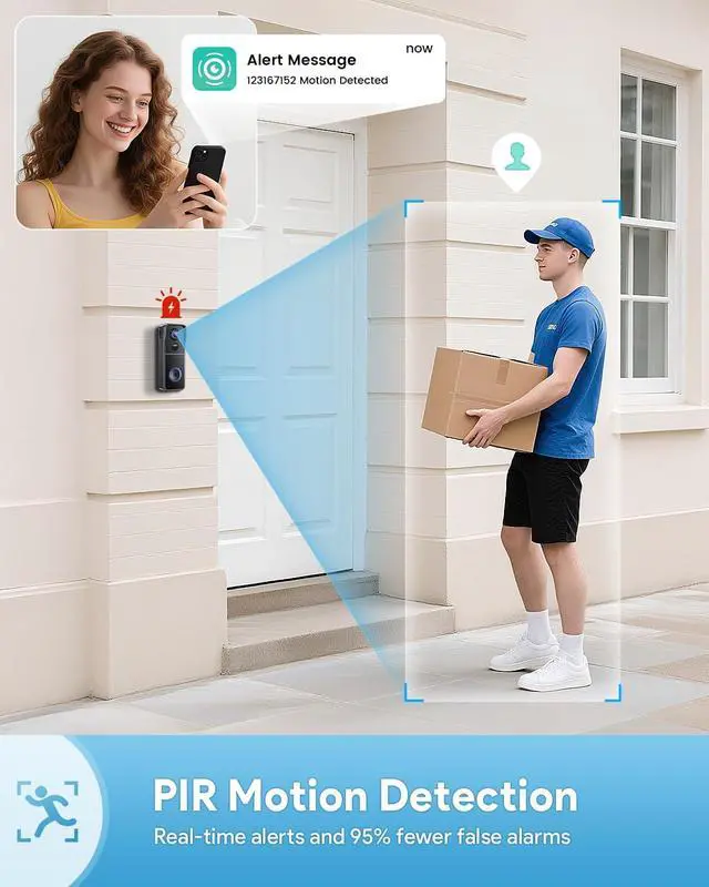 Alt view image 3 of 7 - Doorbell Camera Wireless, 2K HD Video Doorbell with  Chime, Battery Operated, Night Vision, 2-Way Audio, PIR Motion Detection, 2.4Ghz WiFi, IP66 Waterproof, Cloud Storage, Works with Alexa