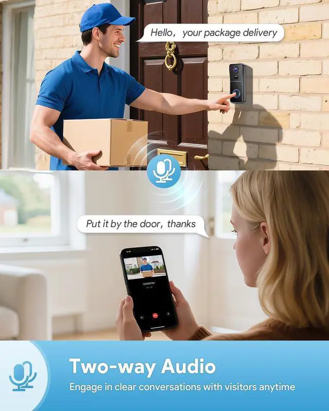 Alt view image 4 of 7 - Doorbell Camera Wireless, 2K HD Video Doorbell with  Chime, Battery Operated, Night Vision, 2-Way Audio, PIR Motion Detection, 2.4Ghz WiFi, IP66 Waterproof, Cloud Storage, Works with Alexa