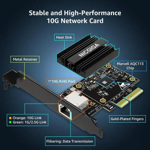 Alt view image 2 of 7 - 10G Base-T PCI-e Network Card, Marvell AQC113 Controller,  10Gb Ethernet Adapter Support WOL, 10Gbe RJ45 Port NIC Card, Windows10/11/Windows Server/Linux