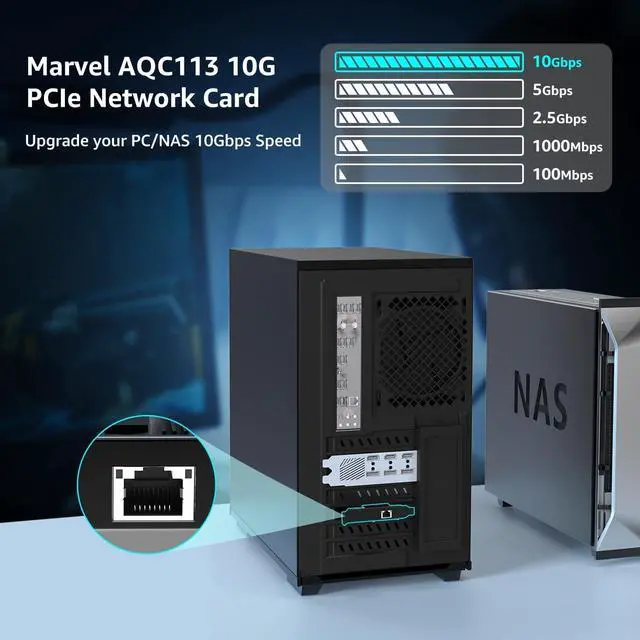 Alt view image 3 of 7 - 10G Base-T PCI-e Network Card, Marvell AQC113 Controller,  10Gb Ethernet Adapter Support WOL, 10Gbe RJ45 Port NIC Card, Windows10/11/Windows Server/Linux