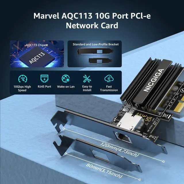 Alt view image 4 of 7 - 10G Base-T PCI-e Network Card, Marvell AQC113 Controller,  10Gb Ethernet Adapter Support WOL, 10Gbe RJ45 Port NIC Card, Windows10/11/Windows Server/Linux