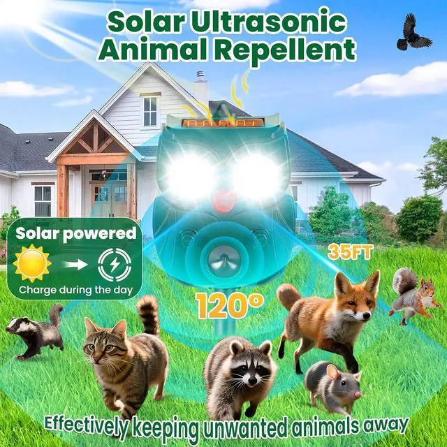 Alt view image 2 of 7 - Solar Ultrasonic Animal Repellent Outdoor, 4Pack Waterproof Deer Repellent Devices with RIP Motion Sensor, Cat Repellent with LED Flashing Lights, Raccoons, Skunks, Rits Deer Deterrent Outdoor