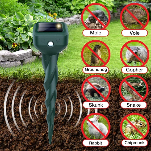 Alt view image 2 of 7 - 4 Pack Solar Powered Mole Repellent IP65 Waterproof Ultrasonic Stakes for Snake & Skunk, Rabbit, Gopher, Vole, Chipmunk, Deer, Groundhog in Lawns & Garden
