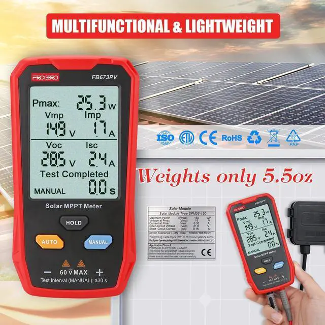 Alt view image 6 of 7 - Upgrade Solar Panel Tester Meter Photovoltaic Multimeter 800W, Solar MPPT Meter with Large Ultra Clear LCD, Sm MPPT Open Circuit Voltage Troubleshooting Utility Tool for Solar PV Testing