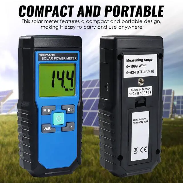 Alt view image 6 of 7 - Solar Power Meter, Handheld Solar Irradiance Meter Solar Energy Meter, Digital Solar Power Meter with 2000 W/m2, 634 BTU / (ft2 · h) Measu Range and MAX/MIN/Data Hold Function