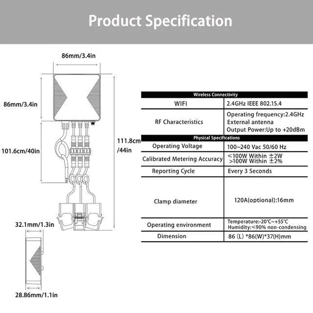 Alt view image 3 of 7 - Tuya App WiFi Sm Power Energy KWh Meter Monito 3 Phase Single Phase with 120A CT Clamp Transformer (16MM Diameter Hole) for Sm Home Voltage Current Power Energy Consumption Monitor Meter
