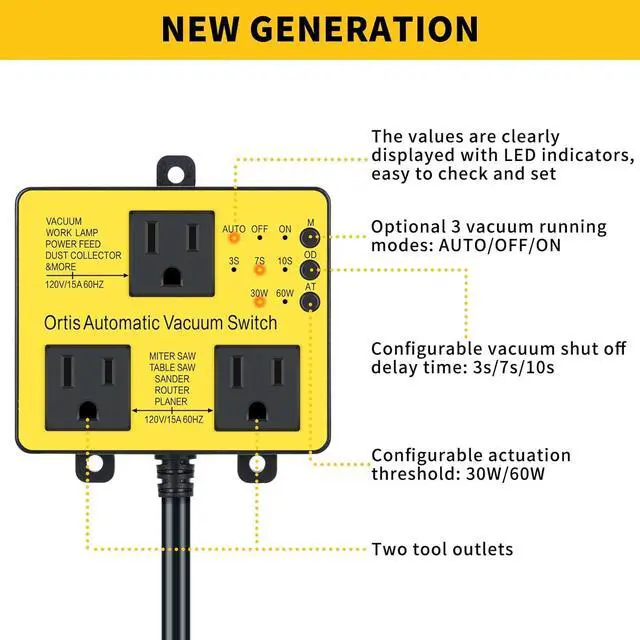 Alt view image 2 of 7 - Automatic Vacuum Switch with Extra Outlet for Using More Power Tools,  Dust Control Autoswitch Delay Vacuum On/Off to Prnt Circuit Overload and Tripping, Adjust Actuation Threshold, Yellow