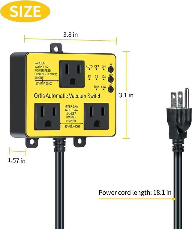 Alt view image 6 of 7 - Automatic Vacuum Switch with Extra Outlet for Using More Power Tools,  Dust Control Autoswitch Delay Vacuum On/Off to Prnt Circuit Overload and Tripping, Adjust Actuation Threshold, Yellow
