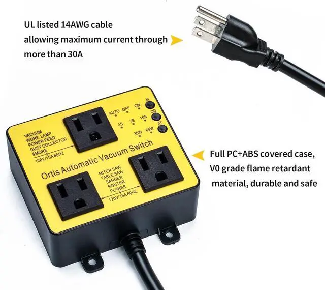 Alt view image 4 of 7 - Automatic Vacuum Switch with Extra Outlet for Using More Power Tools,  Dust Control Autoswitch Delay Vacuum On/Off to Prnt Circuit Overload and Tripping, Adjust Actuation Threshold, Yellow