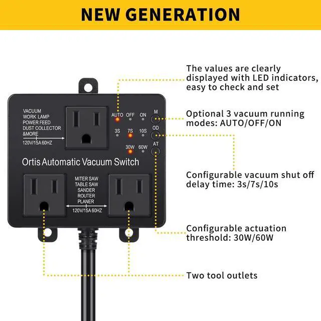 Alt view image 2 of 6 - Automatic Vacuum Switch with Extra Outlet for Using More Power Tools,  Dust Control Autoswitch Delay Vacuum On/Off to Prnt Circuit Overload and Tripping, Adjust Actuation Threshold, Black
