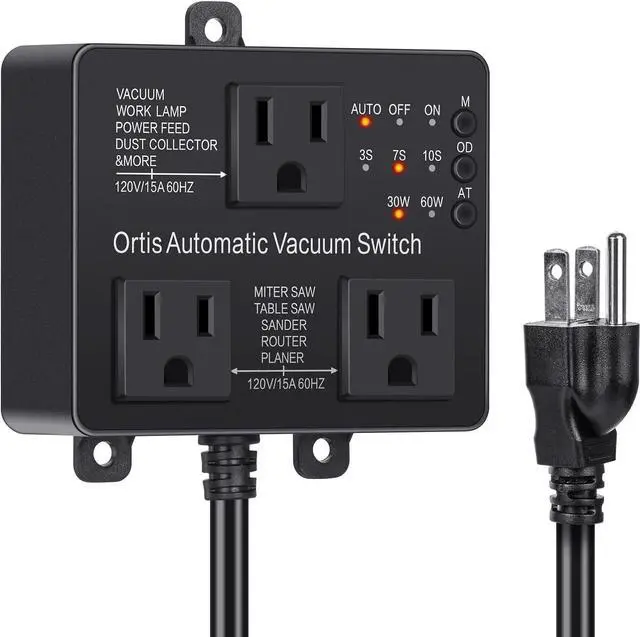 Main image of Automatic Vacuum Switch with Extra Outlet for Using More Power Tools,  Dust Control Autoswitch Delay Vacuum On/Off to Prnt Circuit Overload and Tripping, Adjust Actuation Threshold, Black