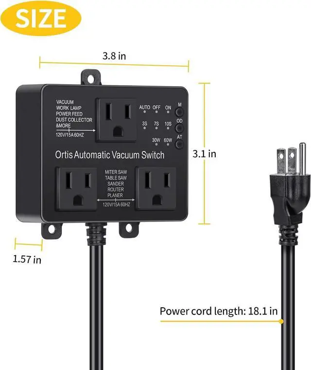 Alt view image 5 of 6 - Automatic Vacuum Switch with Extra Outlet for Using More Power Tools,  Dust Control Autoswitch Delay Vacuum On/Off to Prnt Circuit Overload and Tripping, Adjust Actuation Threshold, Black