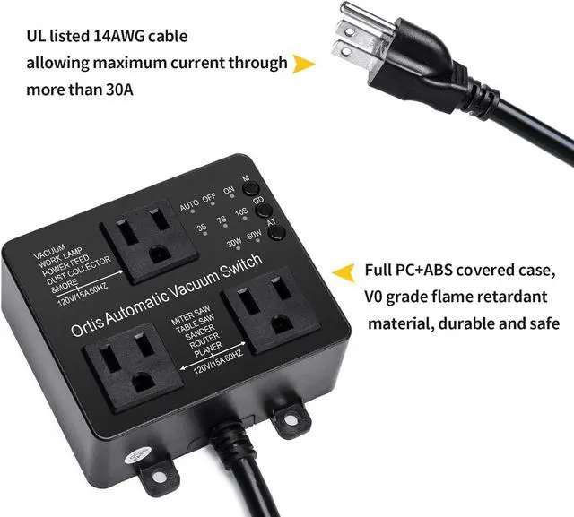 Alt view image 4 of 6 - Automatic Vacuum Switch with Extra Outlet for Using More Power Tools,  Dust Control Autoswitch Delay Vacuum On/Off to Prnt Circuit Overload and Tripping, Adjust Actuation Threshold, Black