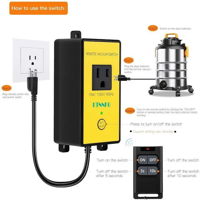 Alt view image 3 of 7 - Remote Automatic Vacuum Switch, 120V Wireless Dust Collector Ster Outlet, Auto On Off Switch with 2 Remotes, Support 5S 10S Delay(Continue Clea Debris)