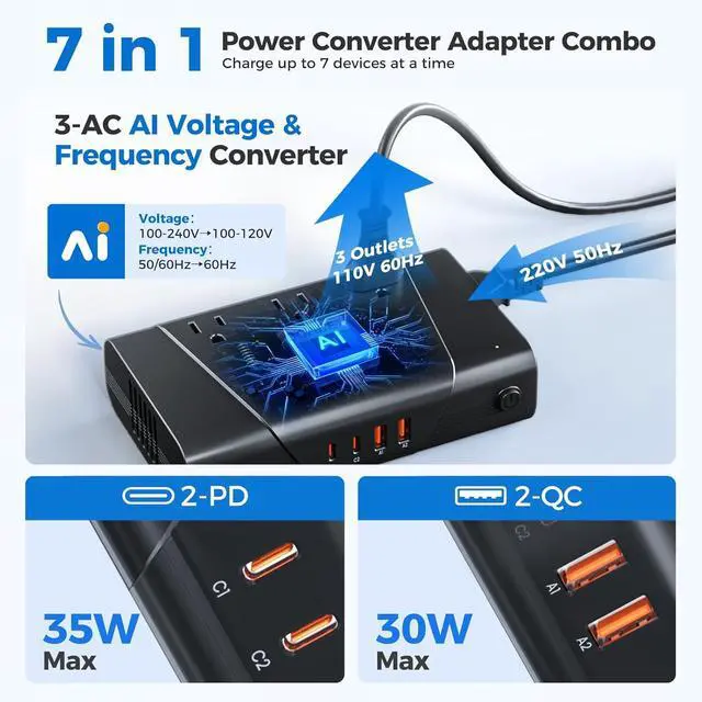 Alt view image 2 of 7 - 800W Pure Sine Wave Voltage Converter US to Europe- 220V to 110V Converter for European Travel, Step Down Transformer w/ 35W PD USB for Hair Straightener Curler CPAP Toothbrush Laptop Cell Phone