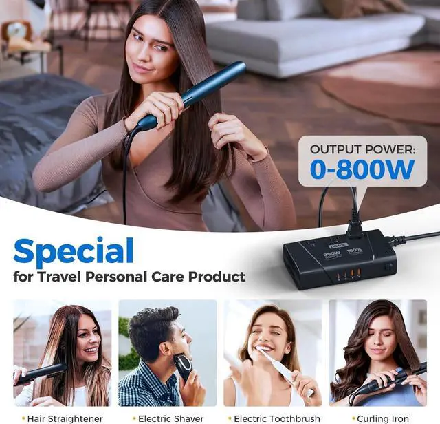 Alt view image 5 of 7 - 800W Pure Sine Wave Voltage Converter US to Europe- 220V to 110V Converter for European Travel, Step Down Transformer w/ 35W PD USB for Hair Straightener Curler CPAP Toothbrush Laptop Cell Phone
