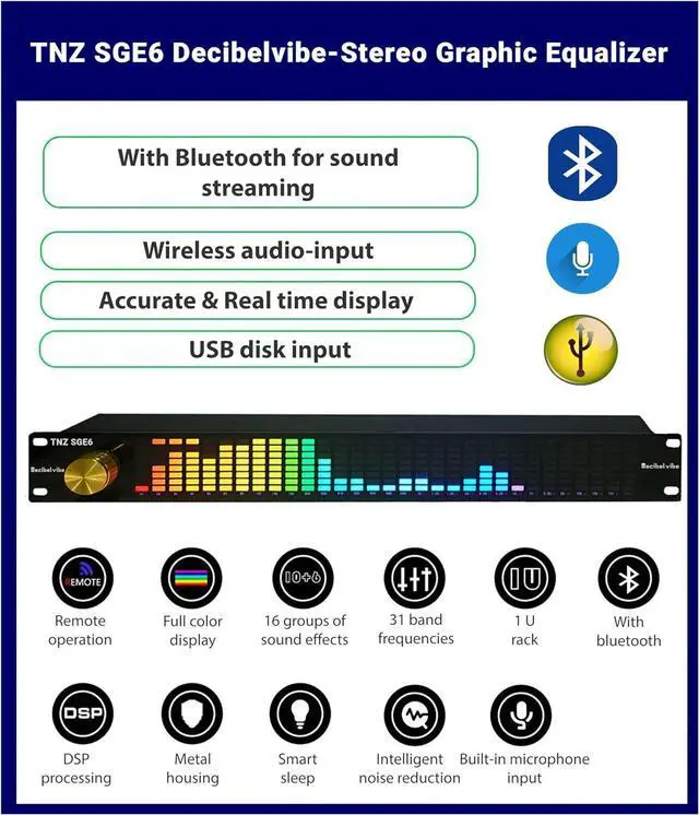 Alt view image 2 of 7 - TNZ SGE6 - Audio Graphic Equalizer with Rear RCA/3.5 Auxiliary Input and Output, Built-in Microphone, USB and Bluetooth Input, Preamp for Home Audio, DJ, HiFi Audio Setup (Gold)