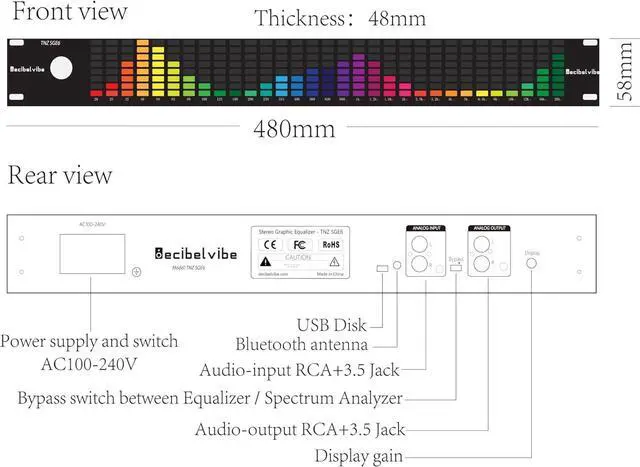 Alt view image 3 of 7 - TNZ SGE6 - Audio Graphic Equalizer with Rear RCA/3.5 Auxiliary Input and Output, Built-in Microphone, USB and Bluetooth Input, Preamp for Home Audio, DJ, HiFi Audio Setup (Gold)