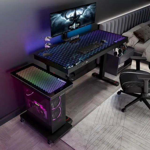 Alt view image 2 of 7 - Height Adjust Computer Tower Stand, Illnated Glass Panel PC Stand w/RGB Lights, 2-Tier CPU Holder C Under Desk, PC Floor Stand for Office Gaming, APP Control