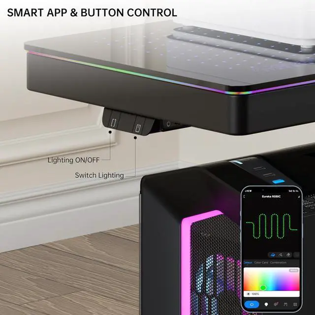 Alt view image 6 of 7 - Height Adjust Computer Tower Stand, Illnated Glass Panel PC Stand w/RGB Lights, 2-Tier CPU Holder C Under Desk, PC Floor Stand for Office Gaming, APP Control