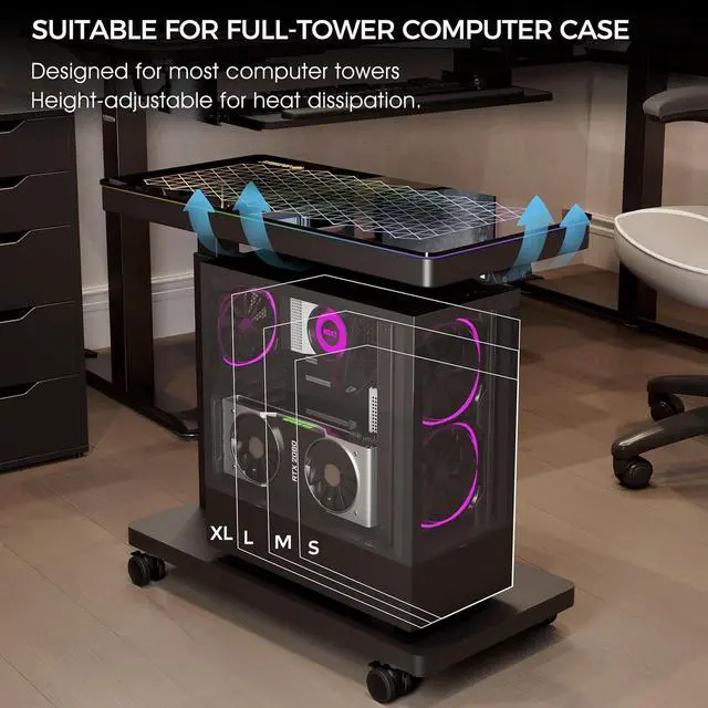 Alt view image 7 of 7 - Height Adjust Computer Tower Stand, Illnated Glass Panel PC Stand w/RGB Lights, 2-Tier CPU Holder C Under Desk, PC Floor Stand for Office Gaming, APP Control