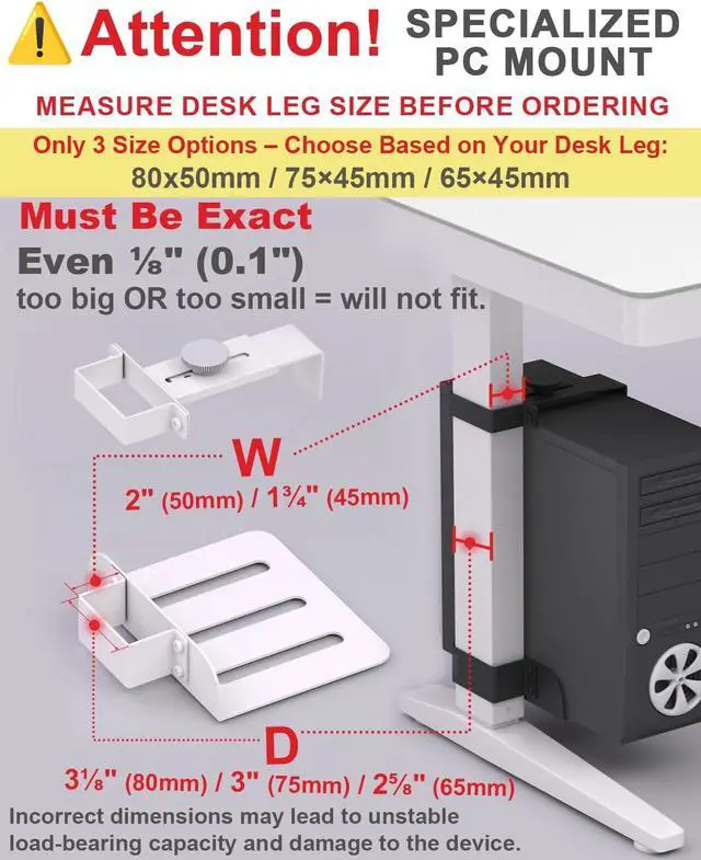 Alt view image 2 of 7 - Under Desk PC Mount - No Drilling 40 lb Capacity, Computer Holder Under T, Adjust Height and Width, Clamp-on Leg PC Holder for Standing Desks (Fits 65mm×45mm Legs), with Non-Slip Pads, Black