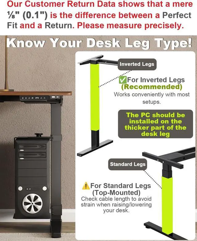 Alt view image 4 of 7 - Under Desk PC Mount - No Drilling 40 lb Capacity, Computer Holder Under T, Adjust Height and Width, Clamp-on Leg PC Holder for Standing Desks (Fits 65mm×45mm Legs), with Non-Slip Pads, Black