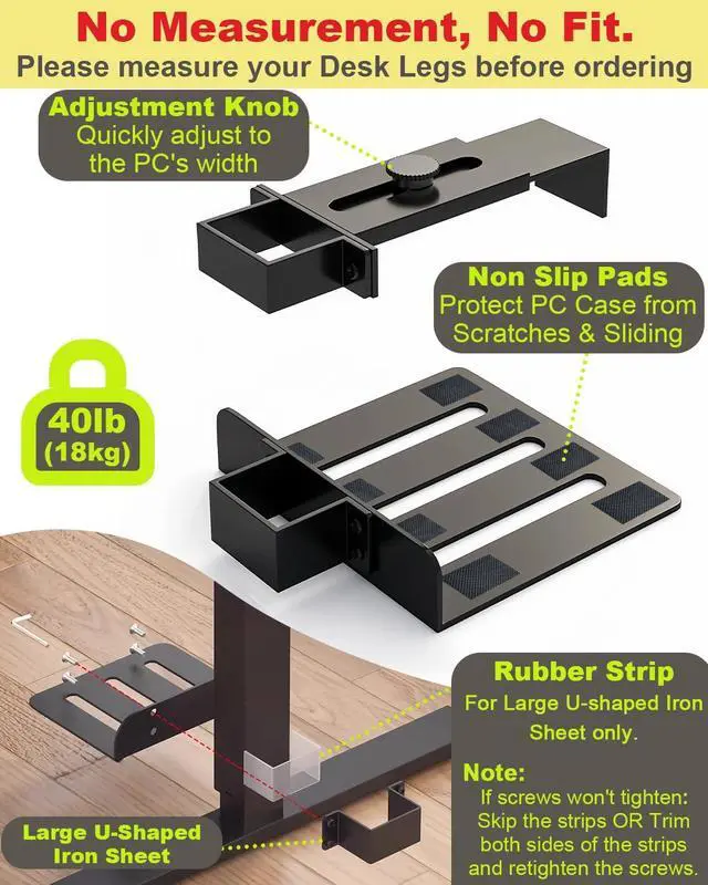 Alt view image 5 of 7 - Under Desk PC Mount - No Drilling 40 lb Capacity, Computer Holder Under T, Adjust Height and Width, Clamp-on Leg PC Holder for Standing Desks (Fits 65mm×45mm Legs), with Non-Slip Pads, Black