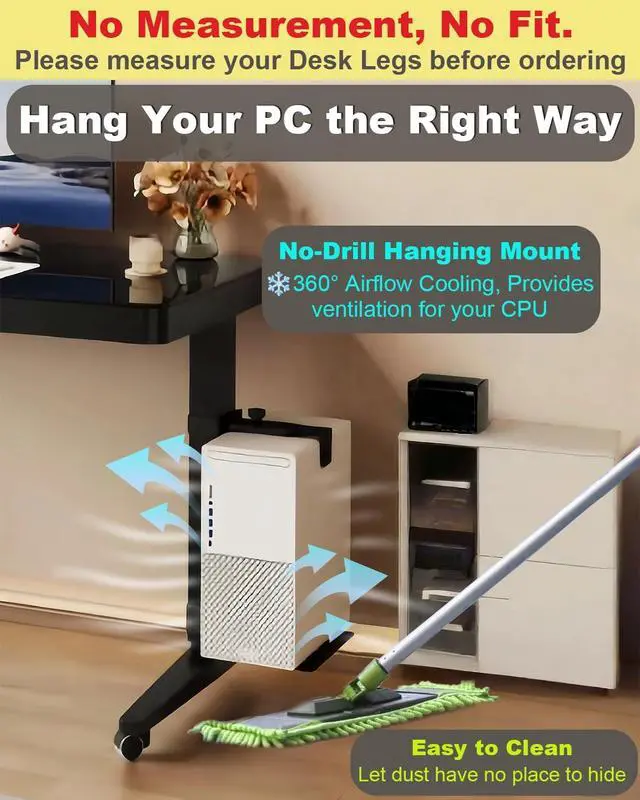 Alt view image 6 of 7 - Under Desk PC Mount - No Drilling 40 lb Capacity, Computer Holder Under T, Adjust Height and Width, Clamp-on Leg PC Holder for Standing Desks (Fits 65mm×45mm Legs), with Non-Slip Pads, Black