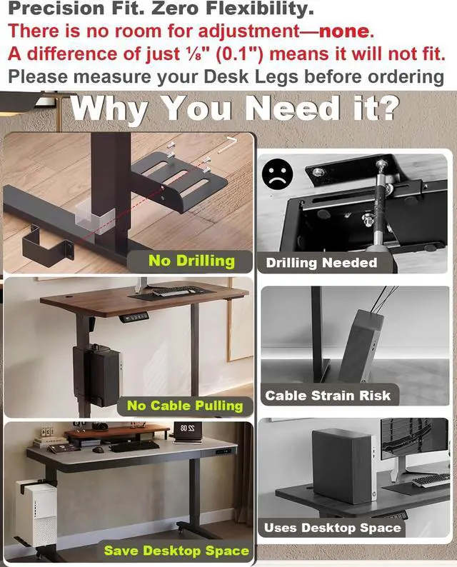 Alt view image 7 of 7 - Under Desk PC Mount - No Drilling 40 lb Capacity, Computer Holder Under T, Adjust Height and Width, Clamp-on Leg PC Holder for Standing Desks (Fits 65mm×45mm Legs), with Non-Slip Pads, Black