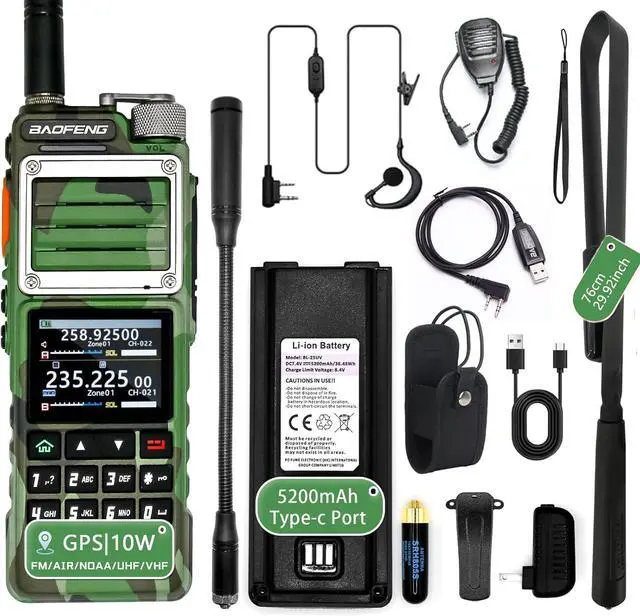 Main image of UV-25 PRO 10W Heavy Duty Radio Handheld Tri Band  Waterproof Radio Tri Band Ham Radios 999CH 5200MAh BatteryType-C Charging UHF VHF MW FM Air NOAA Multi-Band Receiver (Green)