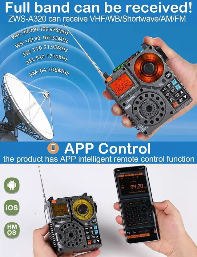 Alt view image 3 of 7 - Shortwave Radio with Bluetooth and APP Control, AM FM VHF SW WB Port Receiver, Super Bass/5 Types of Light Effects/6 EQ/Recording Recharge Stereo Emergency Radios Player ZWS-A320