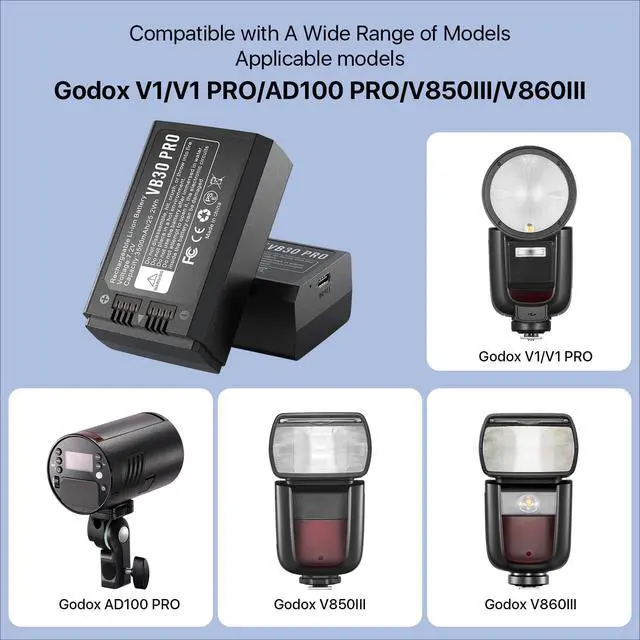 Alt view image 3 of 7 - 2 Pack 3500mAh Replace Battery Compatible with VB30 VB26 VB26A VB26B Camera Flash Speedlite Battery for V1/V1 PRO/AD100 PRO/V850III/V860IIIModel:VB30 PRO