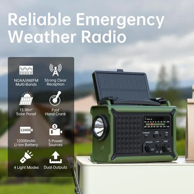 Alt view image 2 of 7 - Solar Radio Emergency Hand Crank 12000mAh with Clear Signal, AM FM NOAA Weather Radio Battery Operated with 2-Mode LED Flashlight Cell Phone Charger Dual Outputs SOS