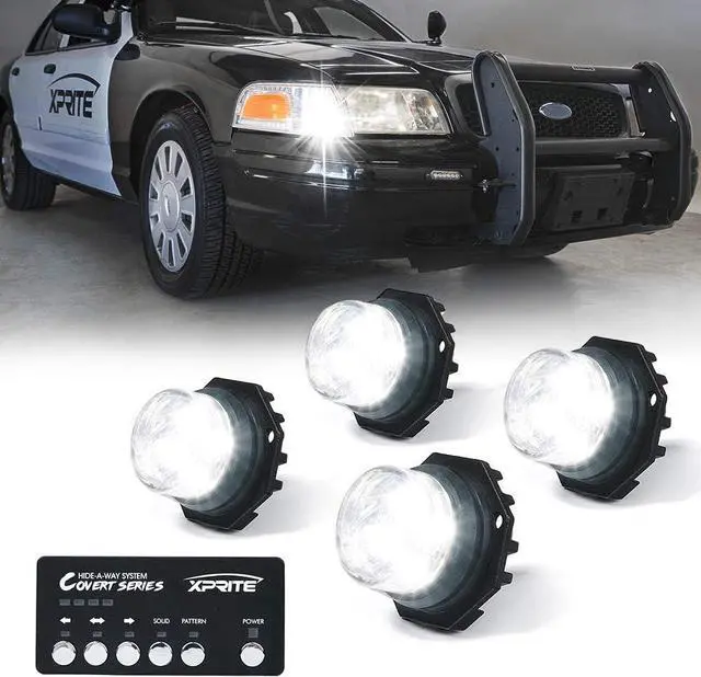 Main image of 4PCS LED Hideaway Strobe Lights Kit - White, 20 Flash Modes, Control Panel Included, Ideal for Emergency Vehicles, Trucks, Cars, Headlights, Taillights & Fog Lights, Hazard Warning