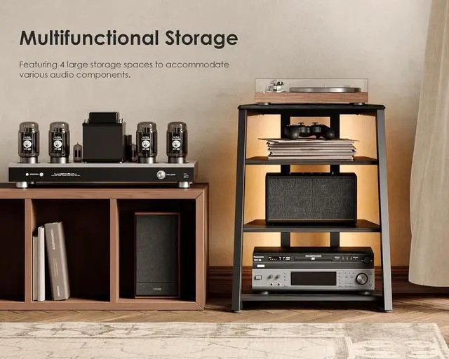 Alt view image 3 of 6 - Design Stereo Cabinet 4-Tier Media Cabinet with LED Backlight Integrated Power Wooden Media Stand with Adjust Shelves for Turnts Record Player Stereo Receiver CD Players AMP