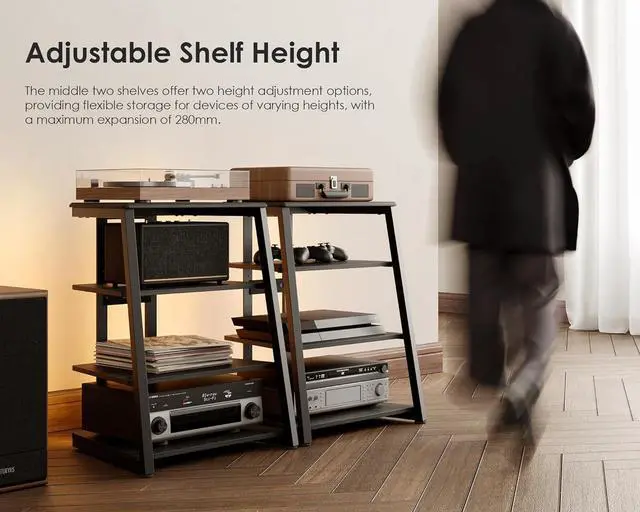 Alt view image 5 of 6 - Design Stereo Cabinet 4-Tier Media Cabinet with LED Backlight Integrated Power Wooden Media Stand with Adjust Shelves for Turnts Record Player Stereo Receiver CD Players AMP