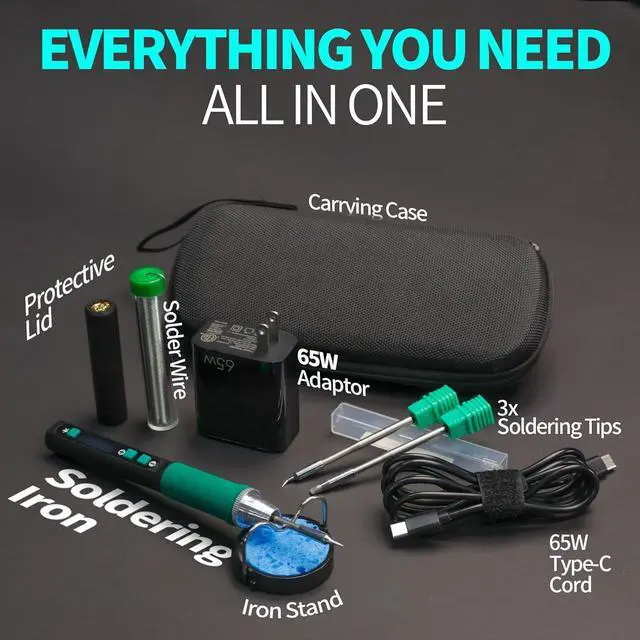 Alt view image 3 of 7 - 928D-IV Solde Iron Pen Kit DC 65W Support PD QC, Type C Port Solde Station with 3 Tips, Solder Wire, Protective Cap