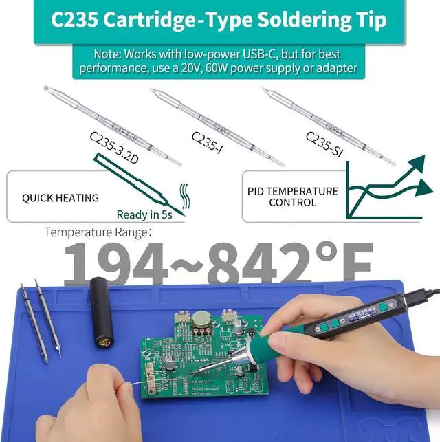 Alt view image 7 of 7 - 928D-IV Solde Iron Pen Kit DC 65W Support PD QC, Type C Port Solde Station with 3 Tips, Solder Wire, Protective Cap