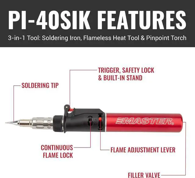 Alt view image 3 of 7 - PI-40SiK Professional Solde Iron Kit, Butane Solde Iron, Cordless and Port with Adjust Solde Temperature, Self-Igniting, Butane-Powered, Professional 7-Piece Kit