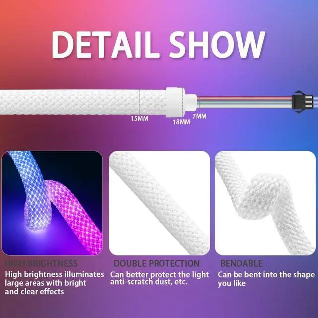 Alt view image 3 of 6 - 16.4FT WS2811 360 Degree Round Reticulate Neon LED Strip with Controller,RGB Nylon Flexible Dream Colorful Rope Light,Bedroom Indoor Outdoor Decoration,DC5V(No Adapter)