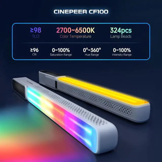 Alt view image 3 of 7 - CINEPEER CF100 100W RGB Light Stick Handheld LED Video Light Wand 2700K-6500K CRI 96+ TLCI 98+ Port Fill Light with 6 Light Effect Continuous Output Photography Tube Combo
